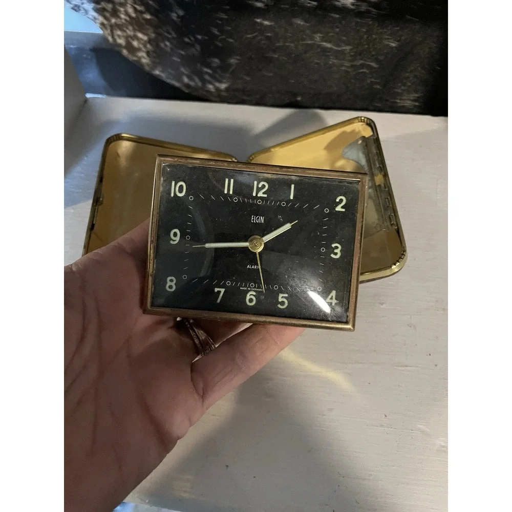 Vintage ELGIN Travel Alarm Clock Black Face Leather Case Windup‎ Japan Works
